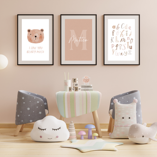Beary Sweet Nursery Collection – Personalized Name & Initial + “Thank You Beary Much” + Alphabet Print (Set of 3)