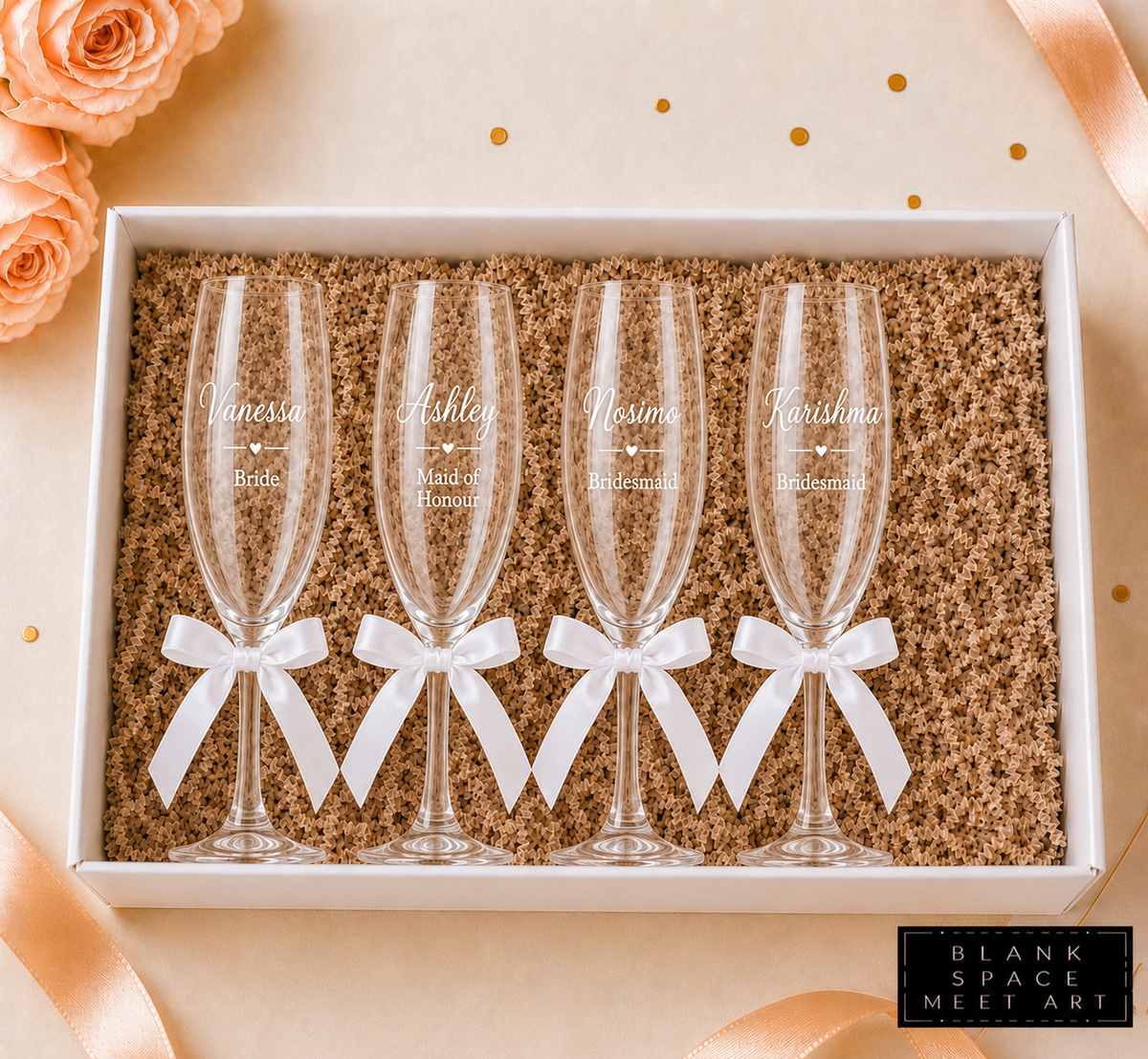 Bridal Party Champagne Flutes Set (White Satin Bow)