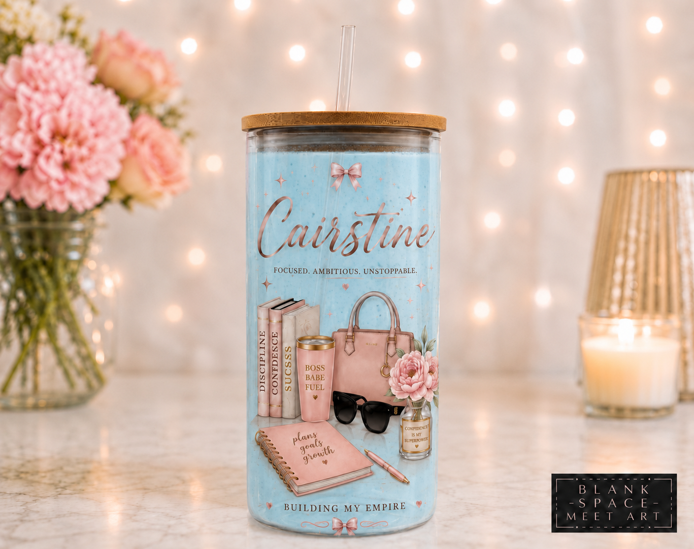 Personalized Boss Babe Glass Tumbler with Bamboo Lid