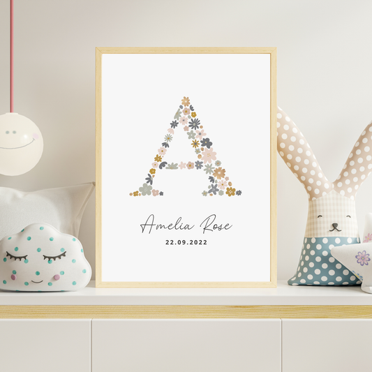 Personalized Floral Initial Print – Name, Surname & Date of Birth