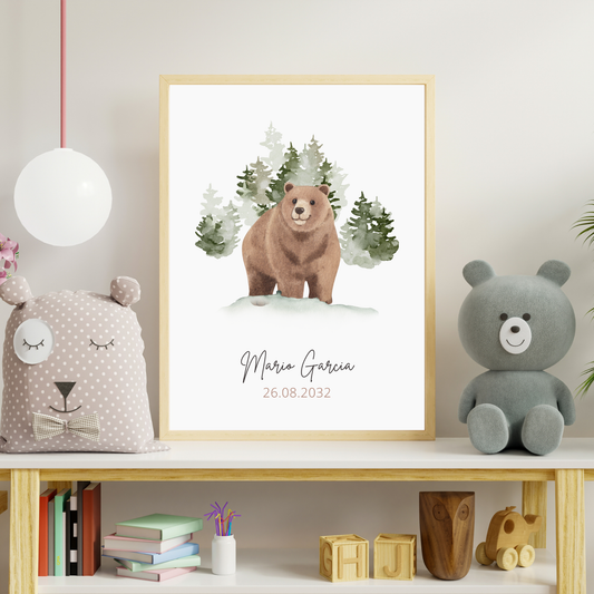 Personalized Bear Nursery Print – Name, Surname & Date of Birth