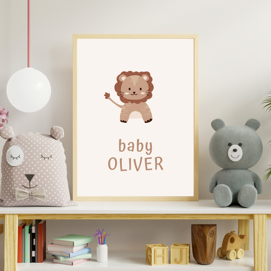 Personalized Lion Nursery Print – Baby Name Customizable