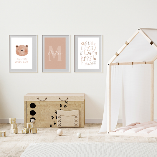 Beary Sweet Nursery Collection – Personalized Name & Initial + “Thank You Beary Much” + Alphabet Print (Set of 3)