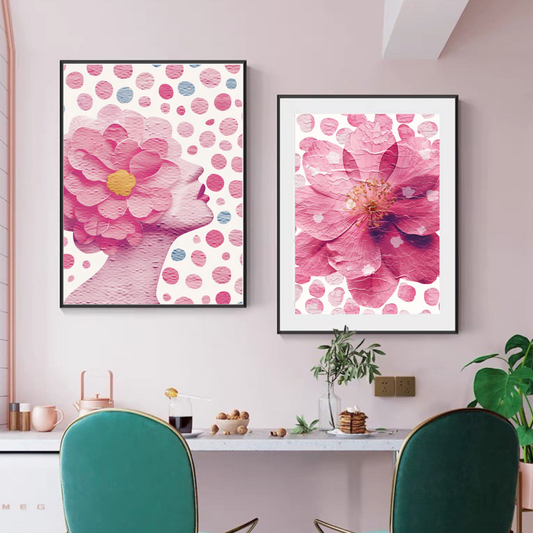 Pink Feminine Wall Art Set – Side Profile with Afro & Floral Print