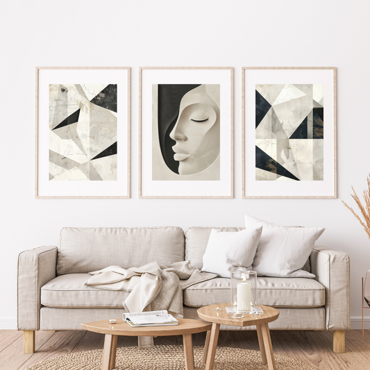 Black, White & Cream Wall Art Set – Half-Face & Geometric Prints