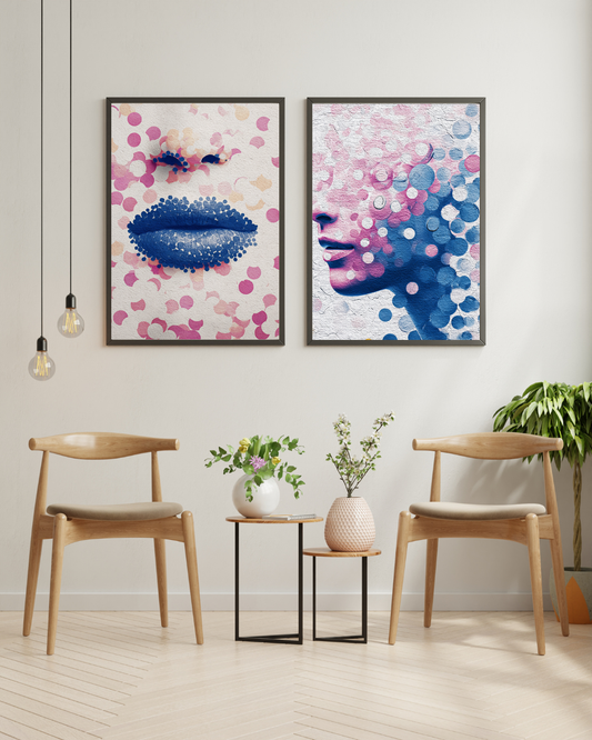 Pink & Royal Blue Wall Art Set – Lips and Abstract Side Profile