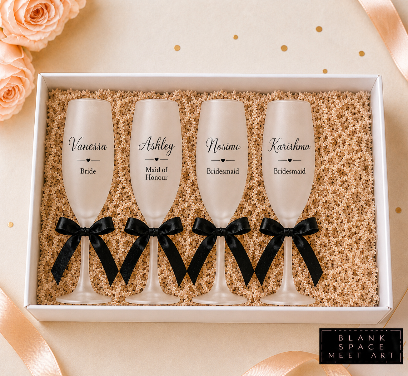 Personalized Bridal Party Champagne Flutes With Satin Bow Set