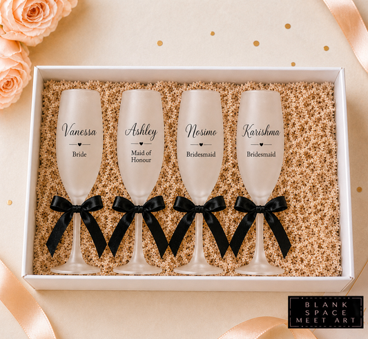 Personalized Bridal Party Champagne Flutes With Satin Bow Set