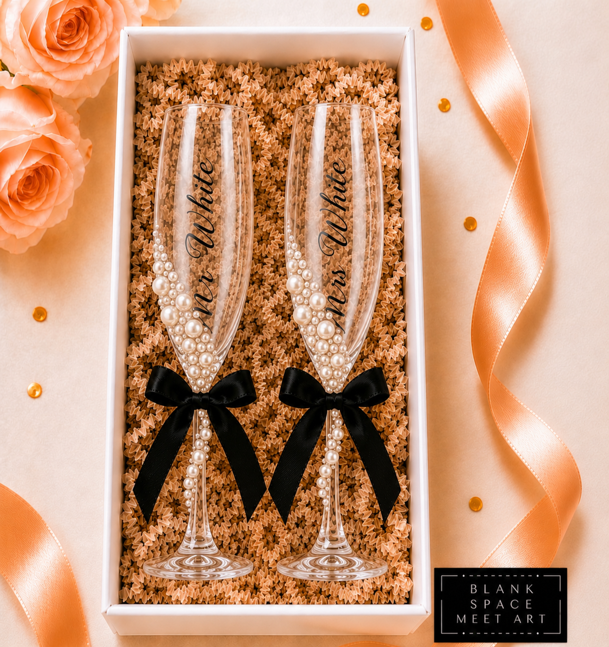 Mr & Mrs Champagne Flute Set ( Black Satin Bow)