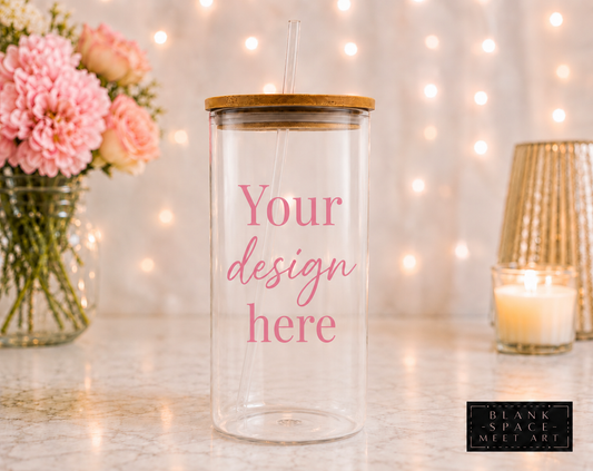 Custom Design Glass Tumbler with Bamboo Lid