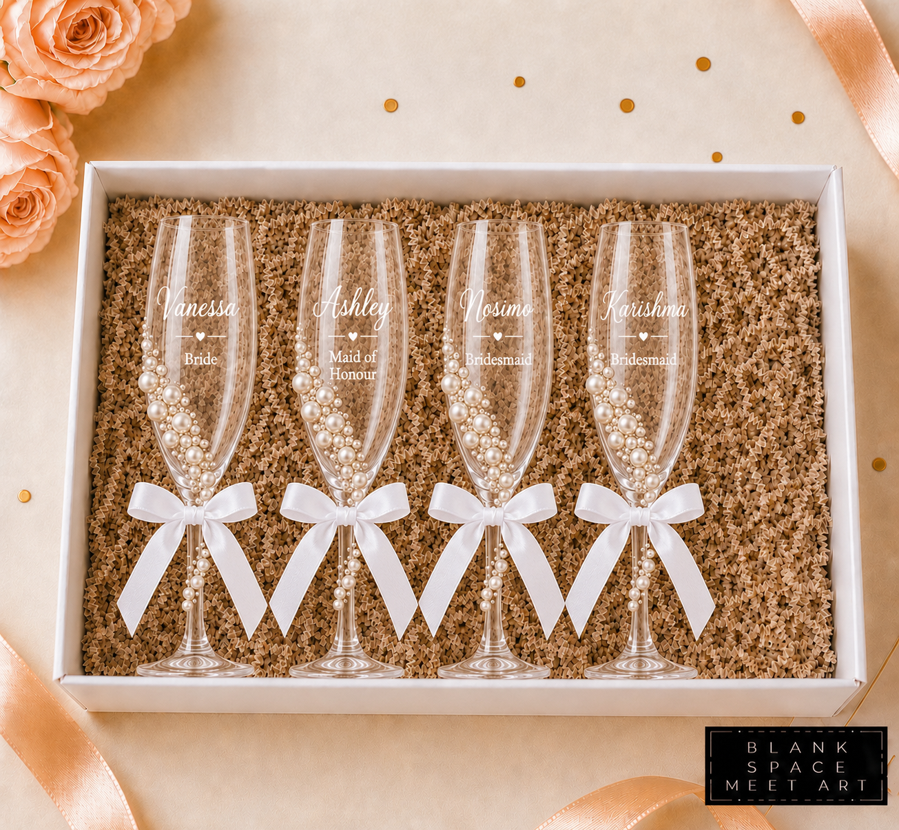Bridal Party Champagne Flutes Set (White Satin Bow)