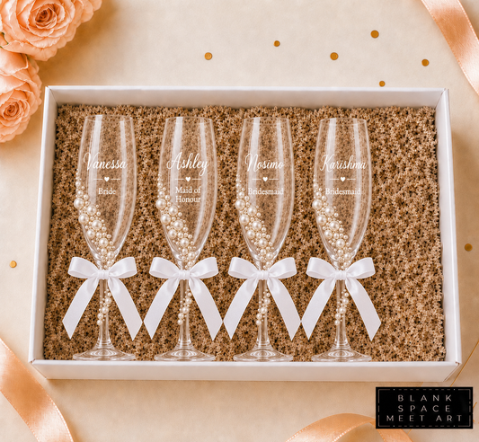 Bridal Party Champagne Flutes Set (White Satin Bow)