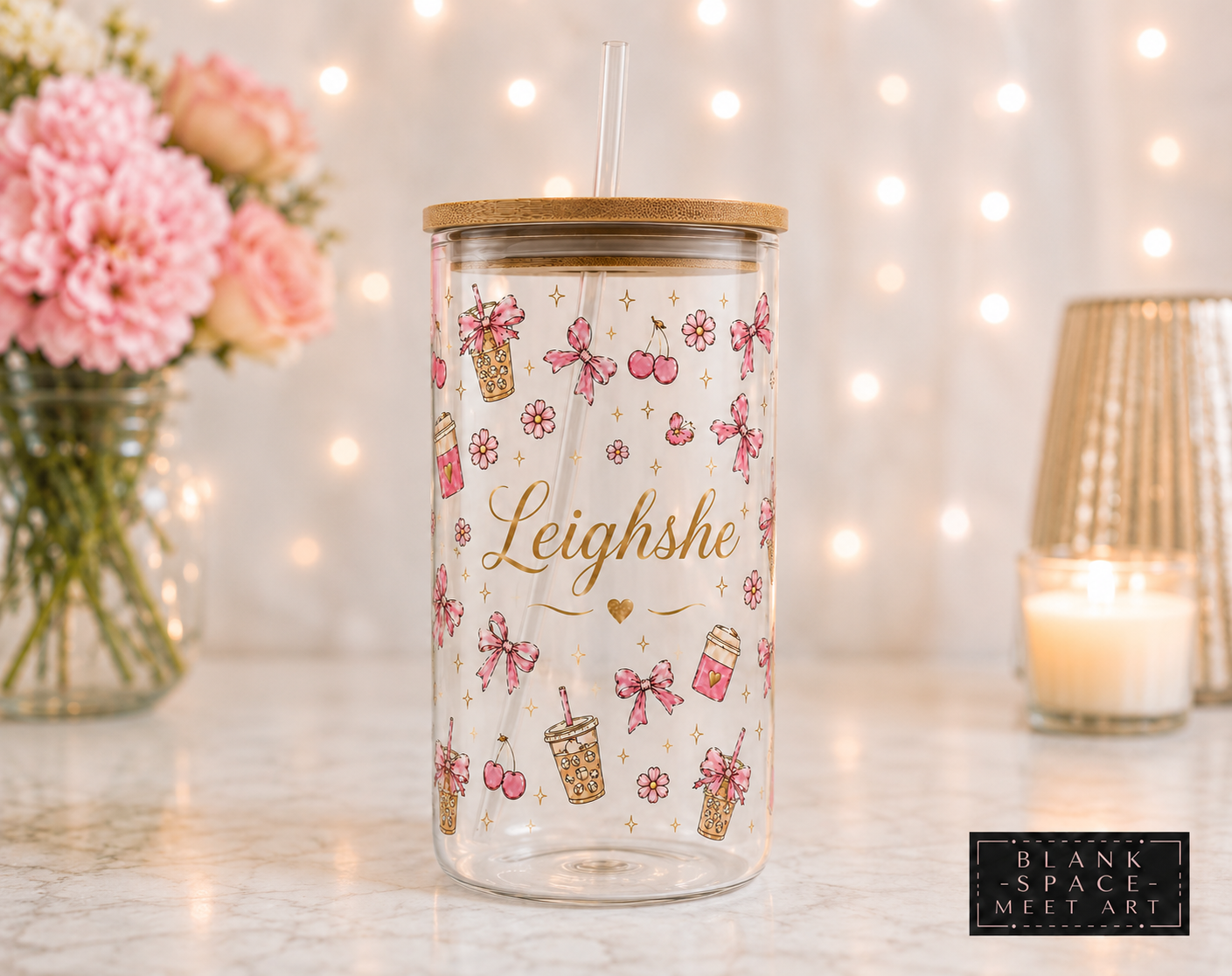 Personalized Coquette Glass Tumbler with Bamboo Lid