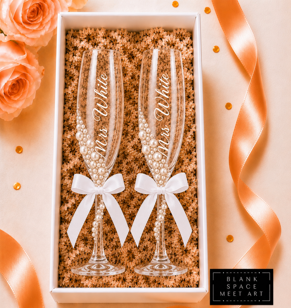 Mr & Mrs Champagne Flute Set ( White Satin Bow )