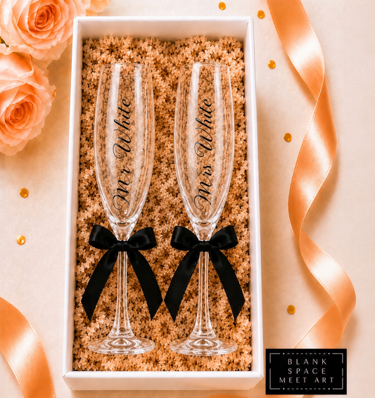 Mr & Mrs Champagne Flute Set ( Black Satin Bow)