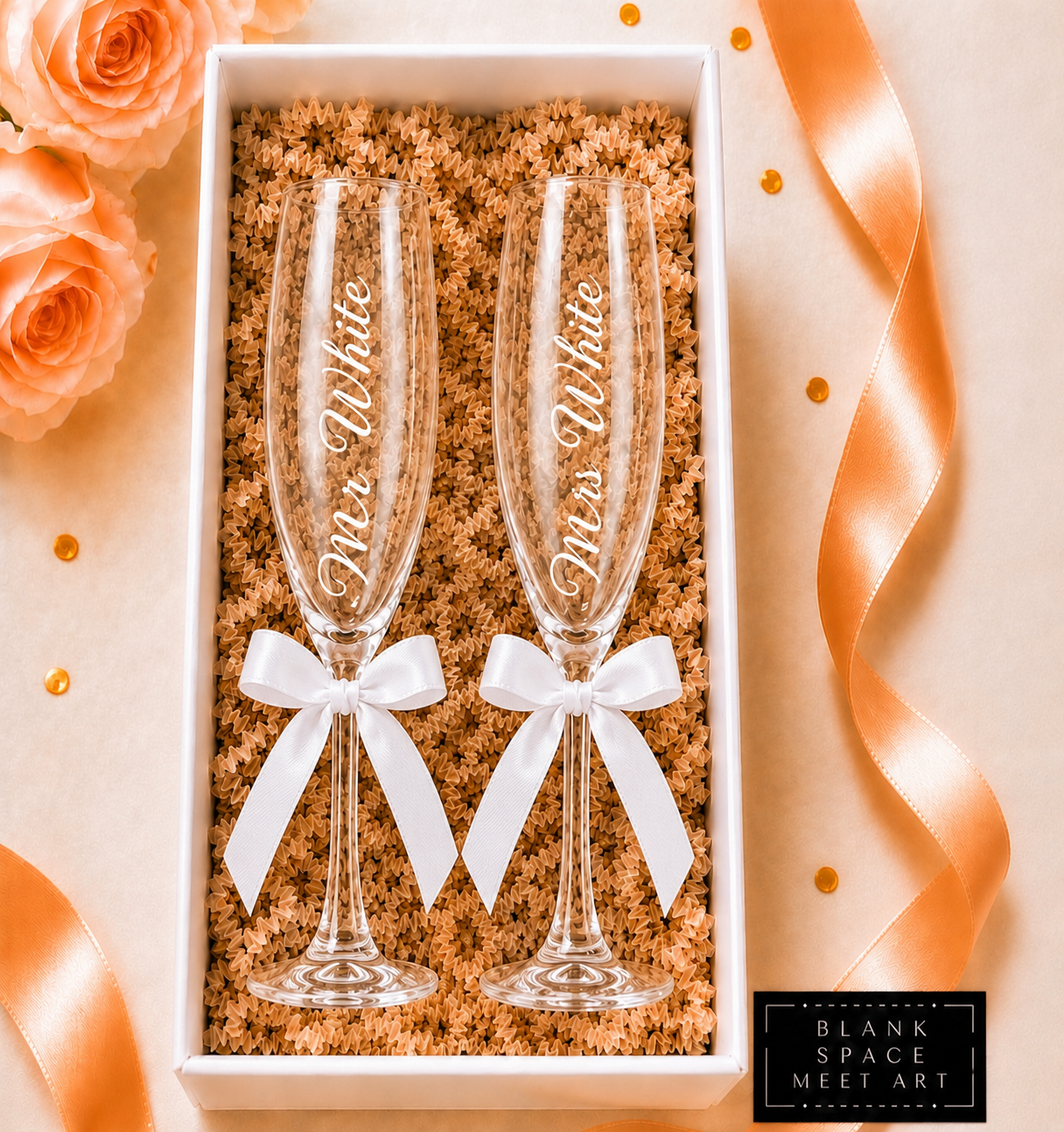 Mr & Mrs Champagne Flute Set ( White Satin Bow )