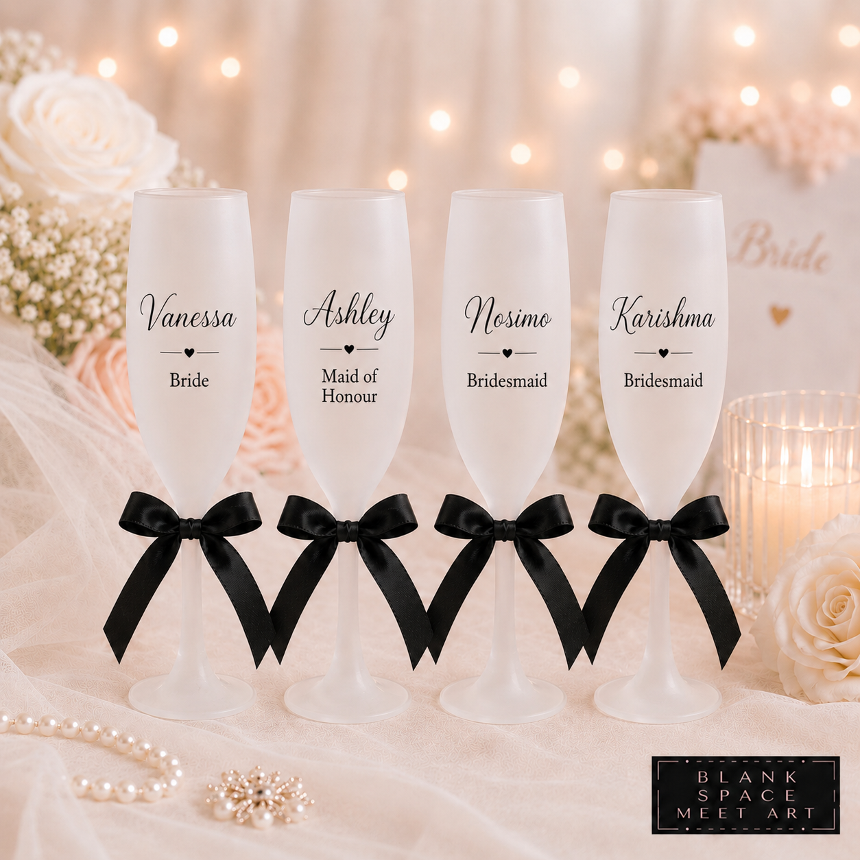 Personalized Bridal Party Champagne Flutes With Satin Bow Set