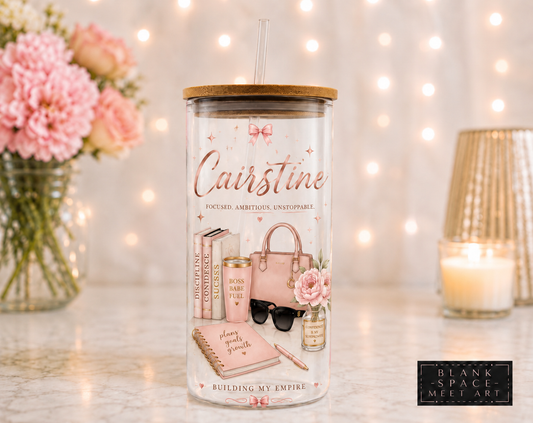 Personalized Boss Babe Glass Tumbler with Bamboo Lid