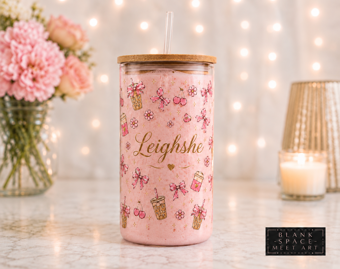 Personalized Coquette Glass Tumbler with Bamboo Lid