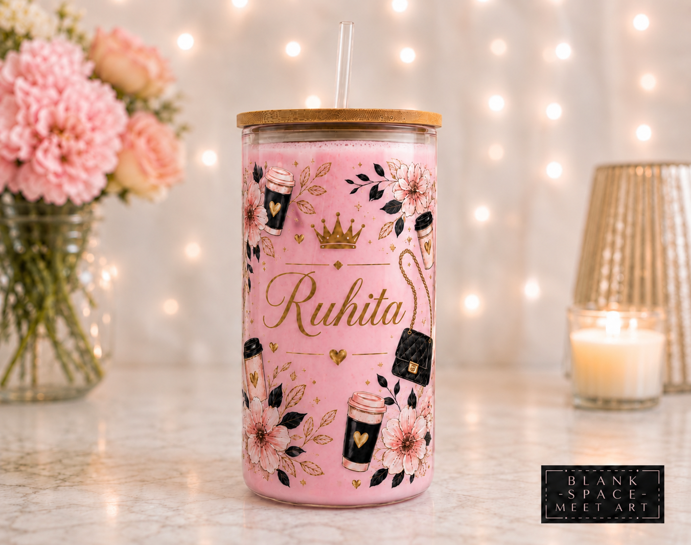 Personalized Feminine Chic Glass Tumbler with Bamboo Lid