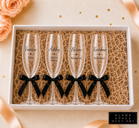 Bridal Party Champagne Flutes Set ( Black Satin Bow )
