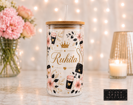 Personalized Feminine Chic Glass Tumbler with Bamboo Lid